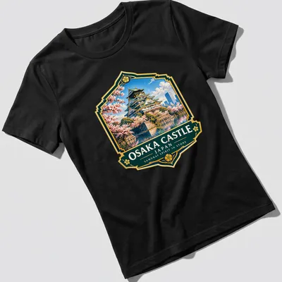 Vintage emblem print featuring Osaka Castle and samurai spirit text in vibrant colors — printed on a women's shirt