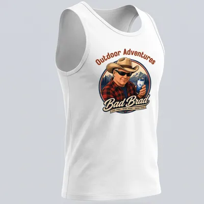 Vintage T-shirt featuring a man in a cowboy hat with outdoor adventure text — printed on a tank top
