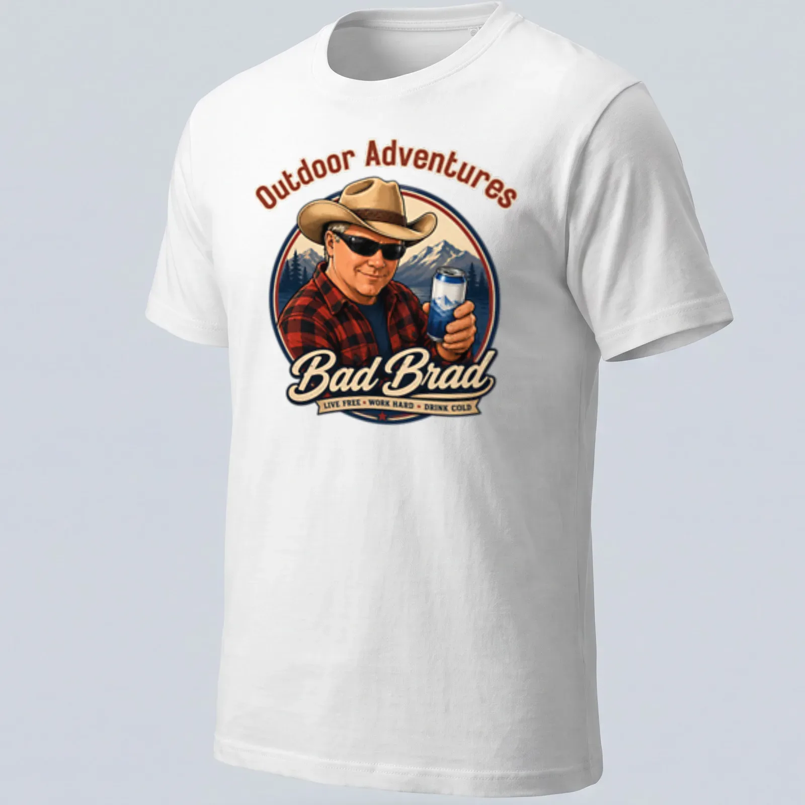 Vintage T-shirt featuring a man in a cowboy hat with outdoor adventure text — printed on a unisex t-shirt
