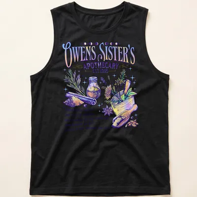 Whimsical illustration of herbs and spices with colorful text about luck and love — printed on a tank top
