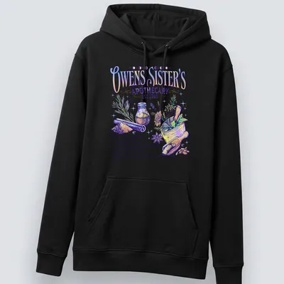 Whimsical illustration of herbs and spices with colorful text about luck and love — printed on a unisex hoodie