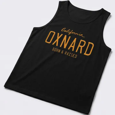 Bold Oxnard California Born & Raised t-shirt with modern typography — printed on a tank top