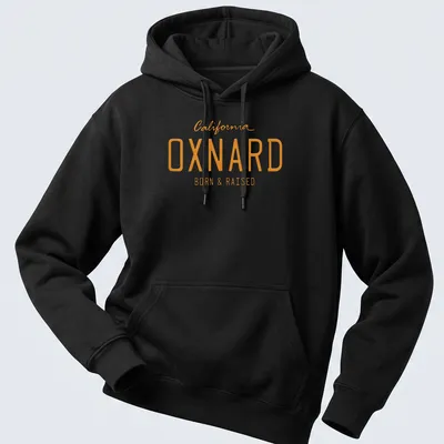 Bold Oxnard California Born & Raised t-shirt with modern typography — printed on a unisex hoodie