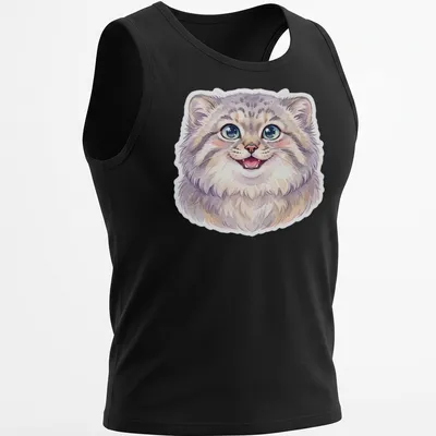 Watercolor illustration of a smiling Pallas cat in gray, white, purple, and blue — printed on a tank top