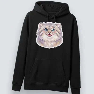 Watercolor illustration of a smiling Pallas cat in gray, white, purple, and blue — printed on a unisex hoodie