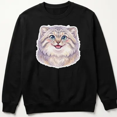 Watercolor illustration of a smiling Pallas cat in gray, white, purple, and blue — printed on a unisex sweatshirt