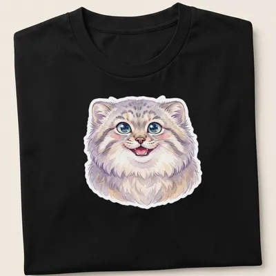 Watercolor illustration of a smiling Pallas cat in gray, white, purple, and blue