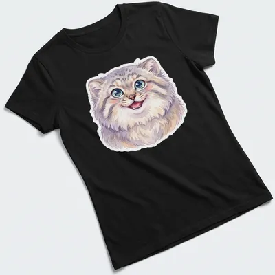 Watercolor illustration of a smiling Pallas cat in gray, white, purple, and blue — printed on a women's shirt