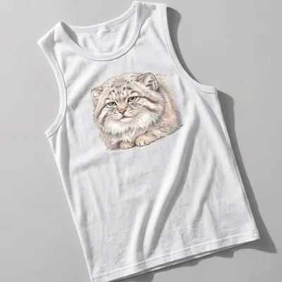 Watercolor print of a Pallas cat with 'Mentally Buffering' text in gray and cream — printed on a tank top