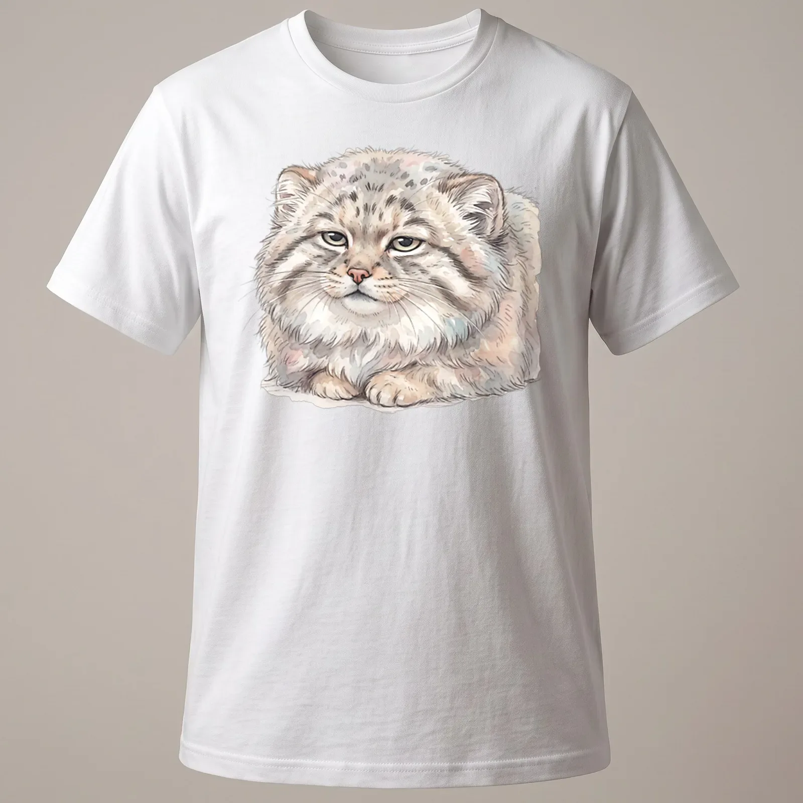 Watercolor print of a Pallas cat with 'Mentally Buffering' text in gray and cream — printed on a unisex t-shirt