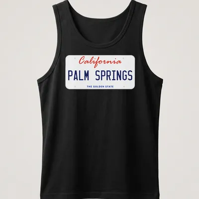 Vintage license plate design featuring Palm Springs, California, in red, blue, and white. — printed on a tank top
