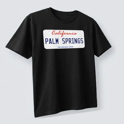 Vintage license plate design featuring Palm Springs, California, in red, blue, and white. — printed on a unisex t-shirt (angled view)