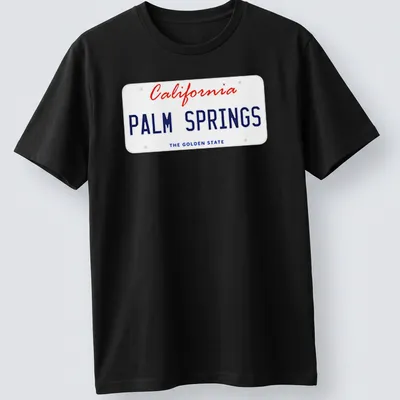 Vintage license plate design featuring Palm Springs, California, in red, blue, and white.