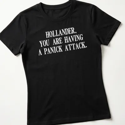Bold typography t-shirt featuring the quote about panic attacks in black and white. — printed on a women's shirt