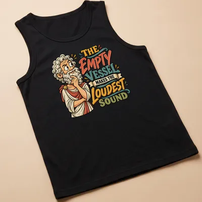 Vintage cartoon design featuring philosophical quote about the empty vessel. — printed on a tank top