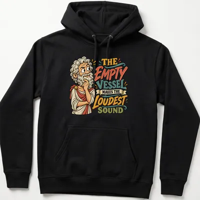 Vintage cartoon design featuring philosophical quote about the empty vessel. — printed on a unisex hoodie