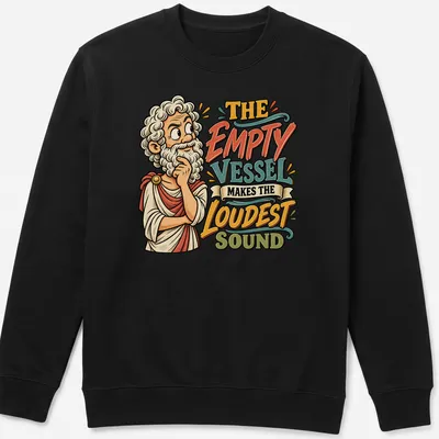 Vintage cartoon design featuring philosophical quote about the empty vessel. — printed on a unisex sweatshirt
