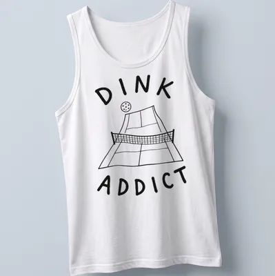 Line-art pickleball court with bold text 'DINK ADDICT' in black and white — printed on a tank top