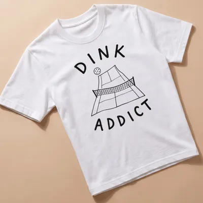 Line-art pickleball court with bold text 'DINK ADDICT' in black and white