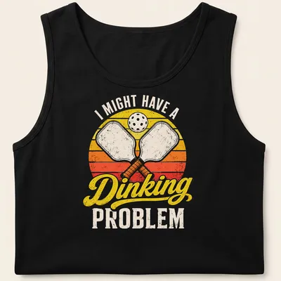 Retro distressed t-shirt with pickleball paddles and humorous text about dinking problems — printed on a tank top