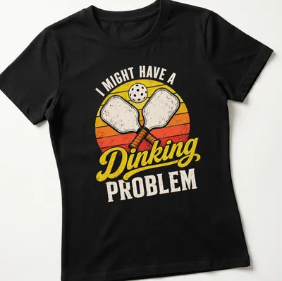 Retro distressed t-shirt with pickleball paddles and humorous text about dinking problems — printed on a women's shirt