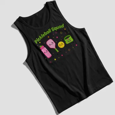 Cartoon pickleball characters with vibrant colors and humorous design — printed on a tank top