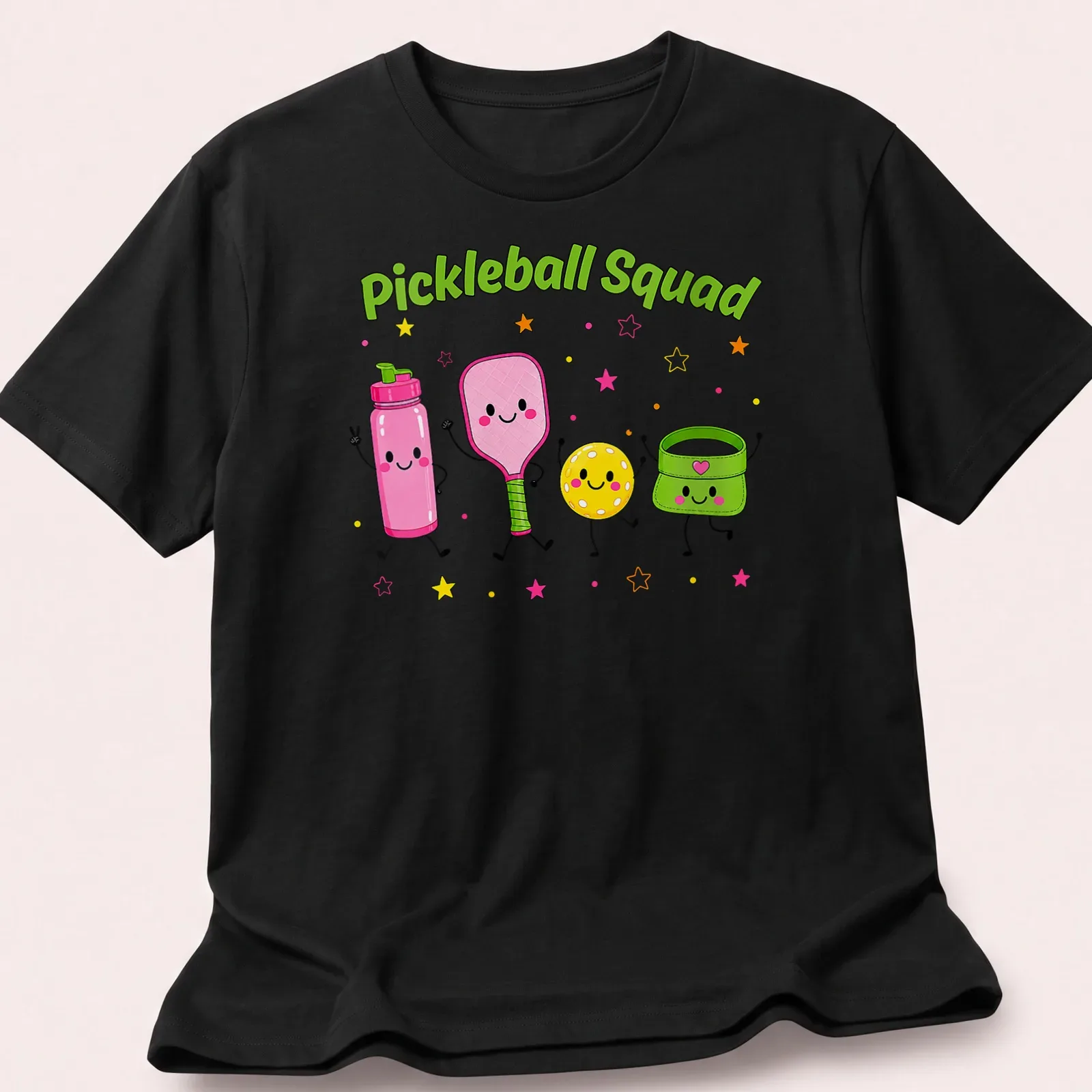 Cartoon pickleball characters with vibrant colors and humorous design — printed on a unisex t-shirt