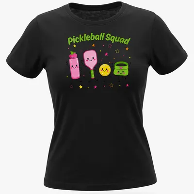 Cartoon pickleball characters with vibrant colors and humorous design — printed on a women's shirt