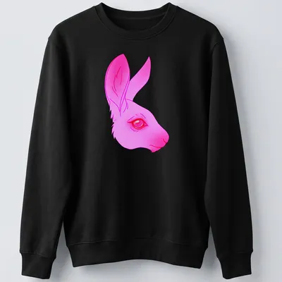 Illustrative design of a friendly pink bunny on a — printed on a unisex sweatshirt