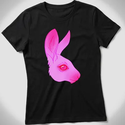 Illustrative design of a friendly pink bunny on a — printed on a women's shirt