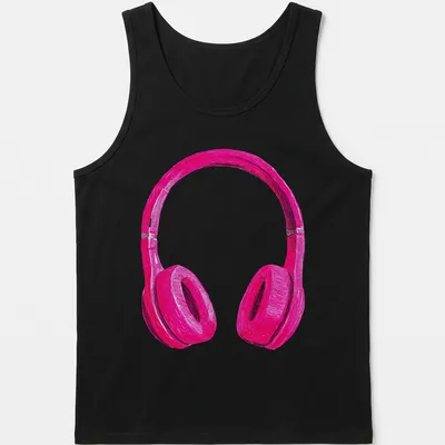 Sketch style graphic of pink headphones in black and white — printed on a tank top