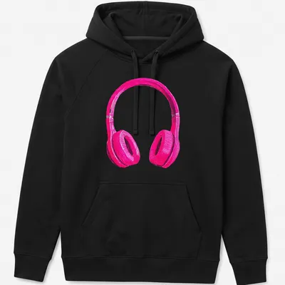 Sketch style graphic of pink headphones in black and white — printed on a unisex hoodie