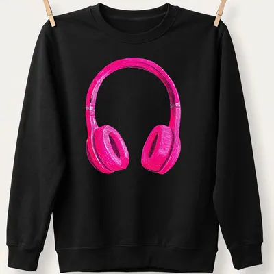 Sketch style graphic of pink headphones in black and white — printed on a unisex sweatshirt
