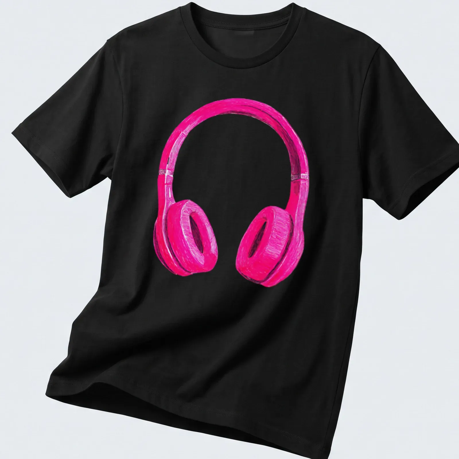 Sketch style graphic of pink headphones in black and white — printed on a unisex t-shirt