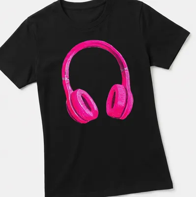 Sketch style graphic of pink headphones in black and white — printed on a women's shirt