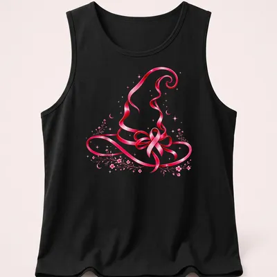Whimsical pink ribbon witch hat illustration on light background — printed on a tank top