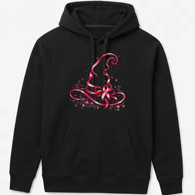 Whimsical pink ribbon witch hat illustration on light background — printed on a unisex hoodie