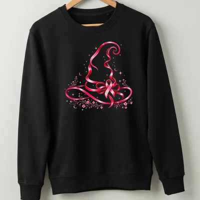Whimsical pink ribbon witch hat illustration on light background — printed on a unisex sweatshirt