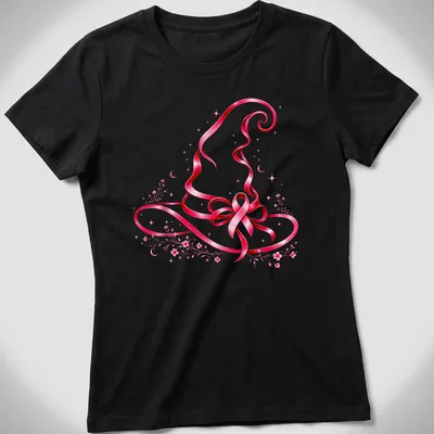 Whimsical pink ribbon witch hat illustration on light background — printed on a women's shirt