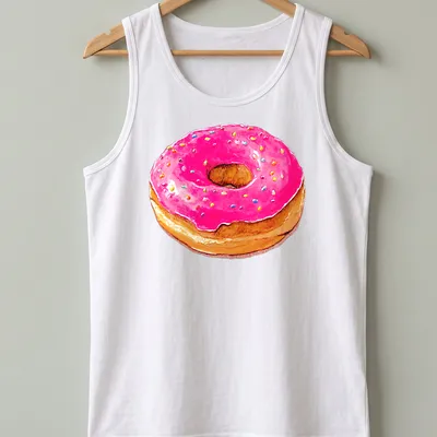 Watercolor illustration of a pink donut with multicolored sprinkles — printed on a tank top