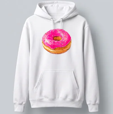 Watercolor illustration of a pink donut with multicolored sprinkles — printed on a unisex hoodie