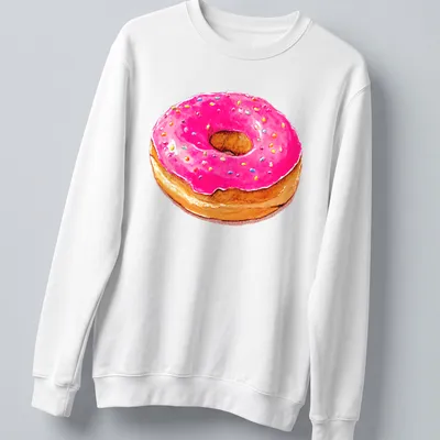 Watercolor illustration of a pink donut with multicolored sprinkles — printed on a unisex sweatshirt