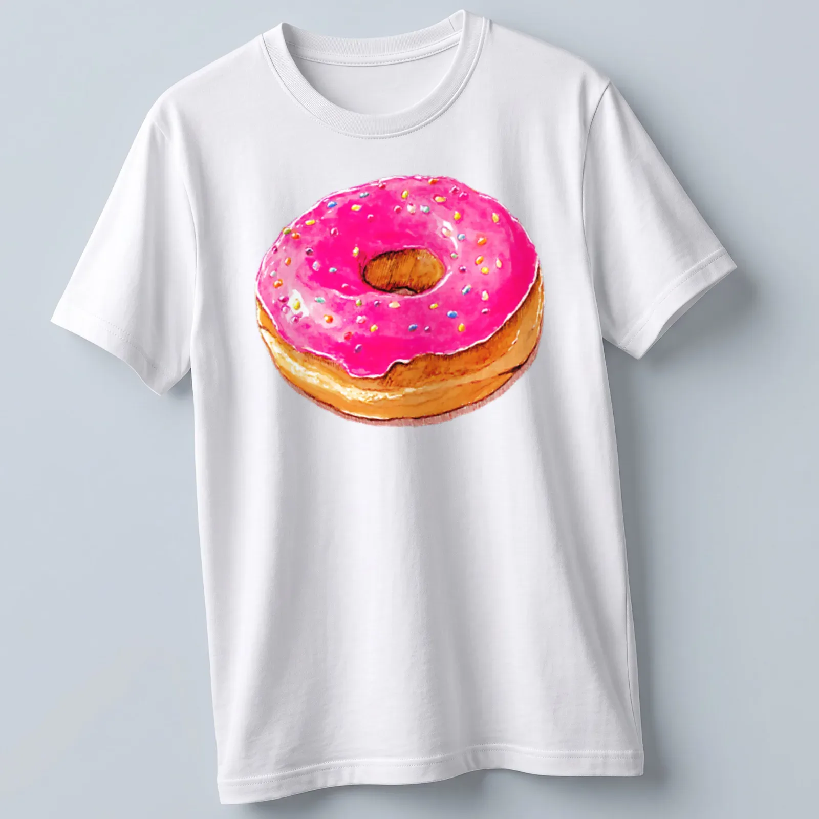 Watercolor illustration of a pink donut with multicolored sprinkles — printed on a unisex t-shirt