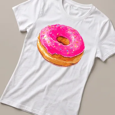 Watercolor illustration of a pink donut with multicolored sprinkles — printed on a women's shirt