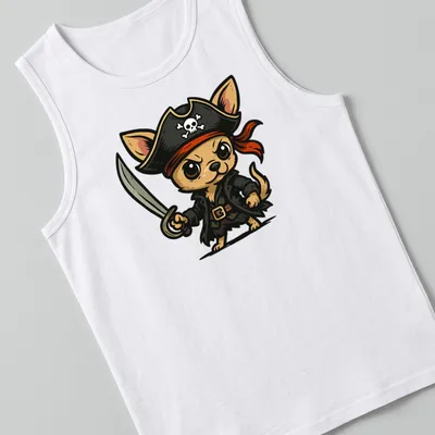 Kawaii cartoon Pirate Chihuahua holding a sword in brown, black, red, and white — printed on a tank top