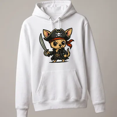 Kawaii cartoon Pirate Chihuahua holding a sword in brown, black, red, and white — printed on a unisex hoodie
