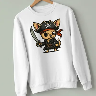 Kawaii cartoon Pirate Chihuahua holding a sword in brown, black, red, and white — printed on a unisex sweatshirt
