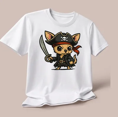 Kawaii cartoon Pirate Chihuahua holding a sword in brown, black, red, and white — printed on a unisex t-shirt (angled view)