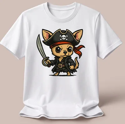 Kawaii cartoon Pirate Chihuahua holding a sword in brown, black, red, and white
