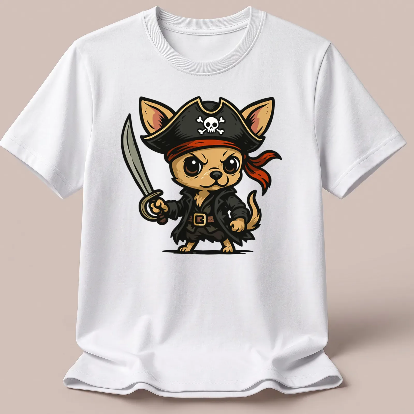 Kawaii cartoon Pirate Chihuahua holding a sword in brown, black, red, and white — printed on a unisex t-shirt